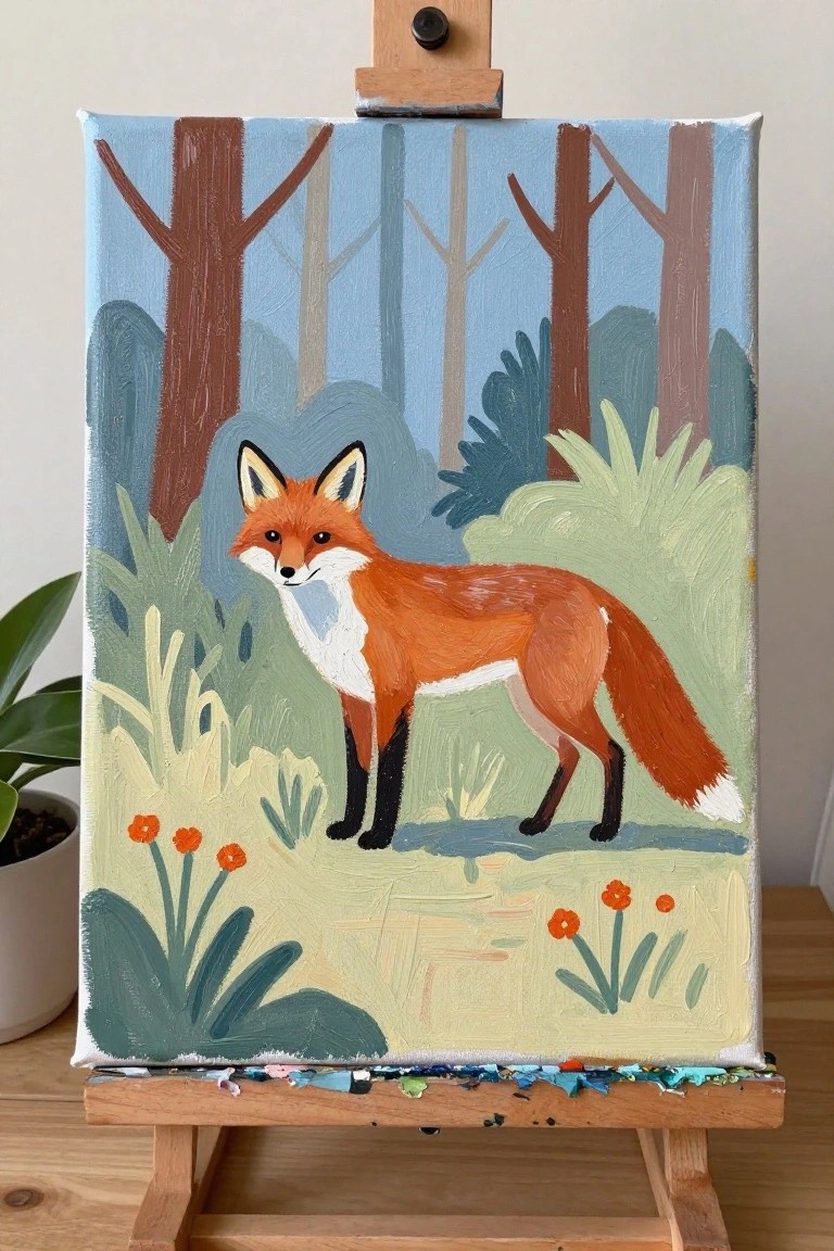 Painting on easel shows orange fox amid brown trees and green foliage with flowers.