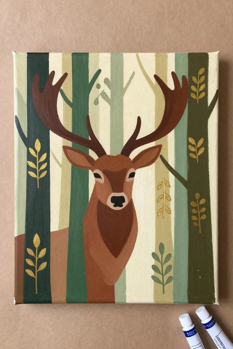 Painting of deer with antlers in striped green forest with gold leaves and paint tubes.