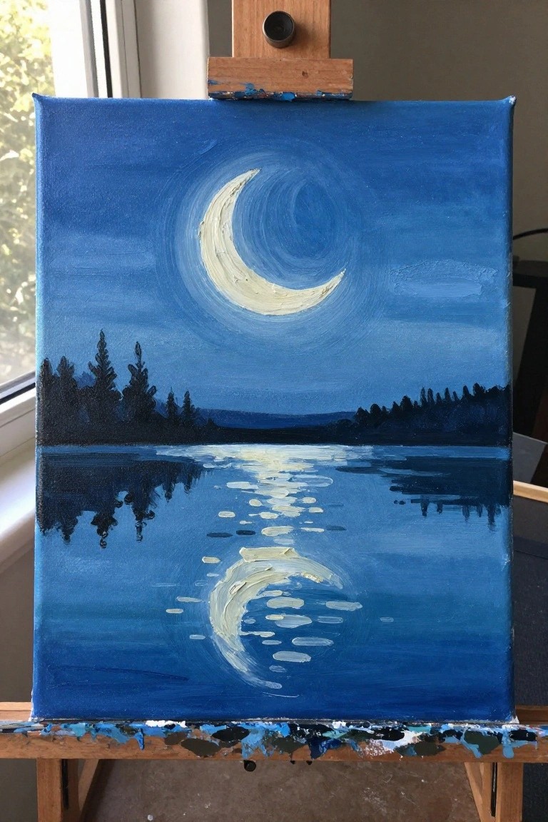 Crescent moon painting on easel, reflected in blue lake with dark forest silhouette.