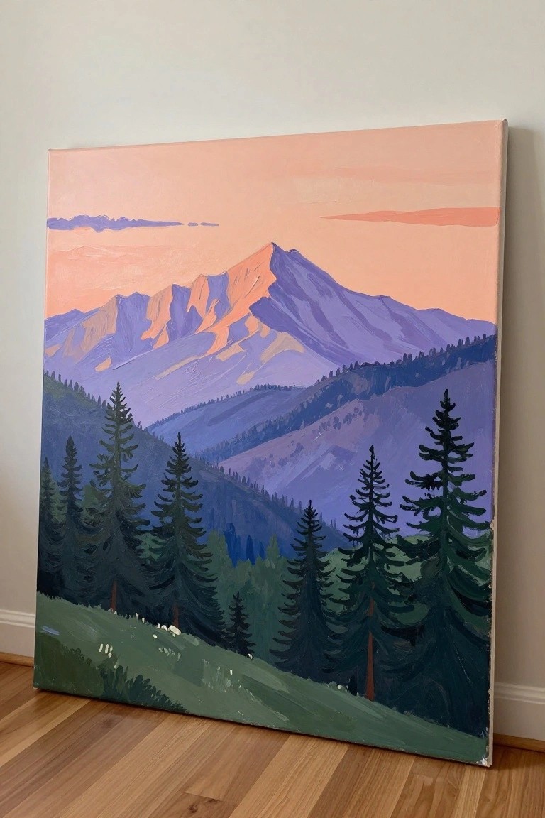 Acrylic painting of purple mountains with orange peaks under a pink sky and dark green pine trees in the foreground.
