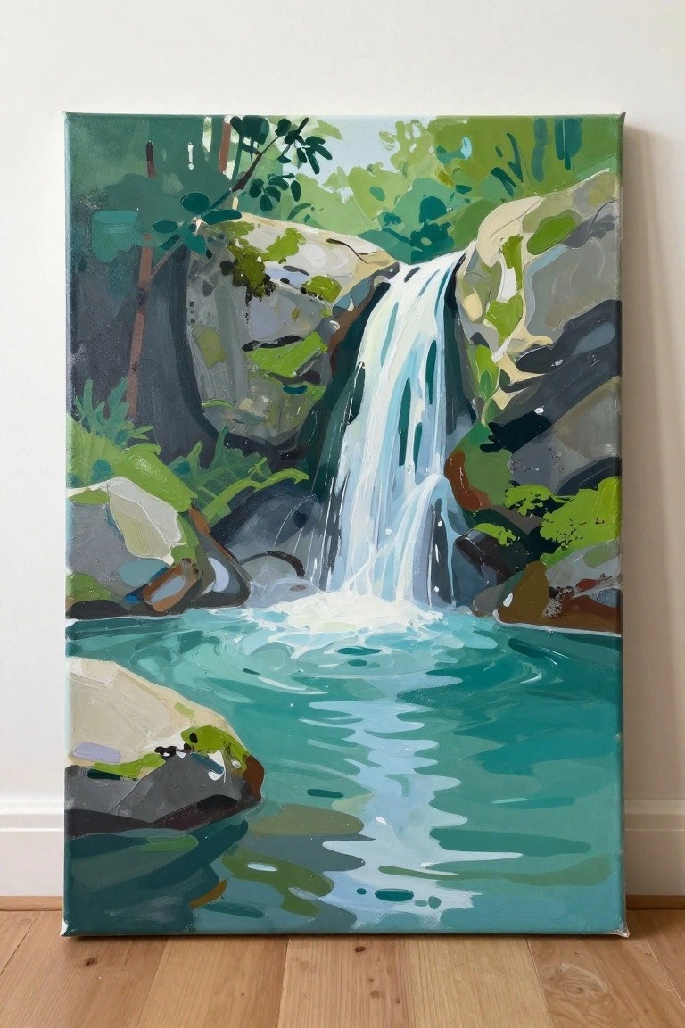 Vivid painting of waterfall cascading into turquoise pool amid rocks and green foliage.