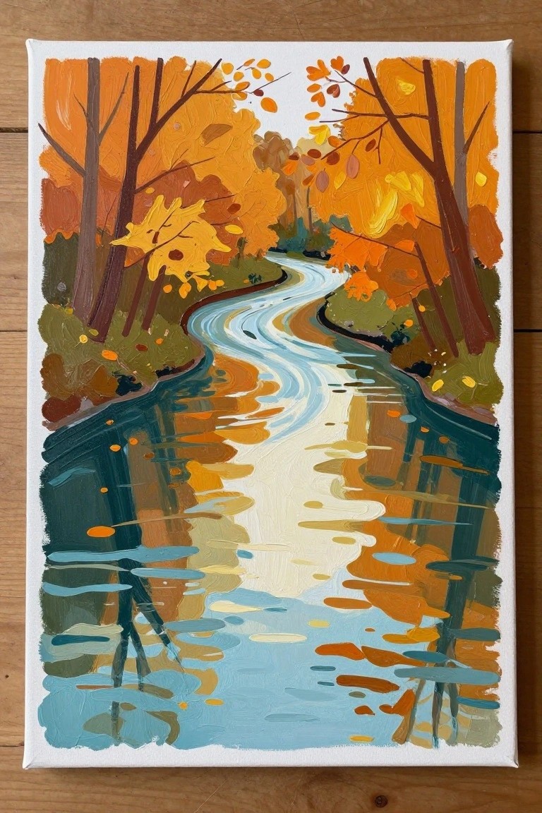 Colorful autumn trees border a winding stream with vibrant water reflections