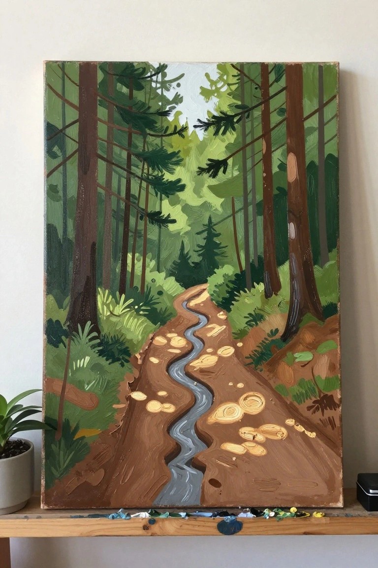 Stylized painting of winding forest path with stream amid tall green trees