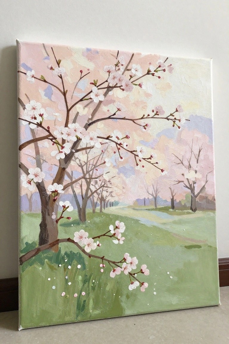 Oil painting of cherry blossoms on trees in a green meadow with winding path