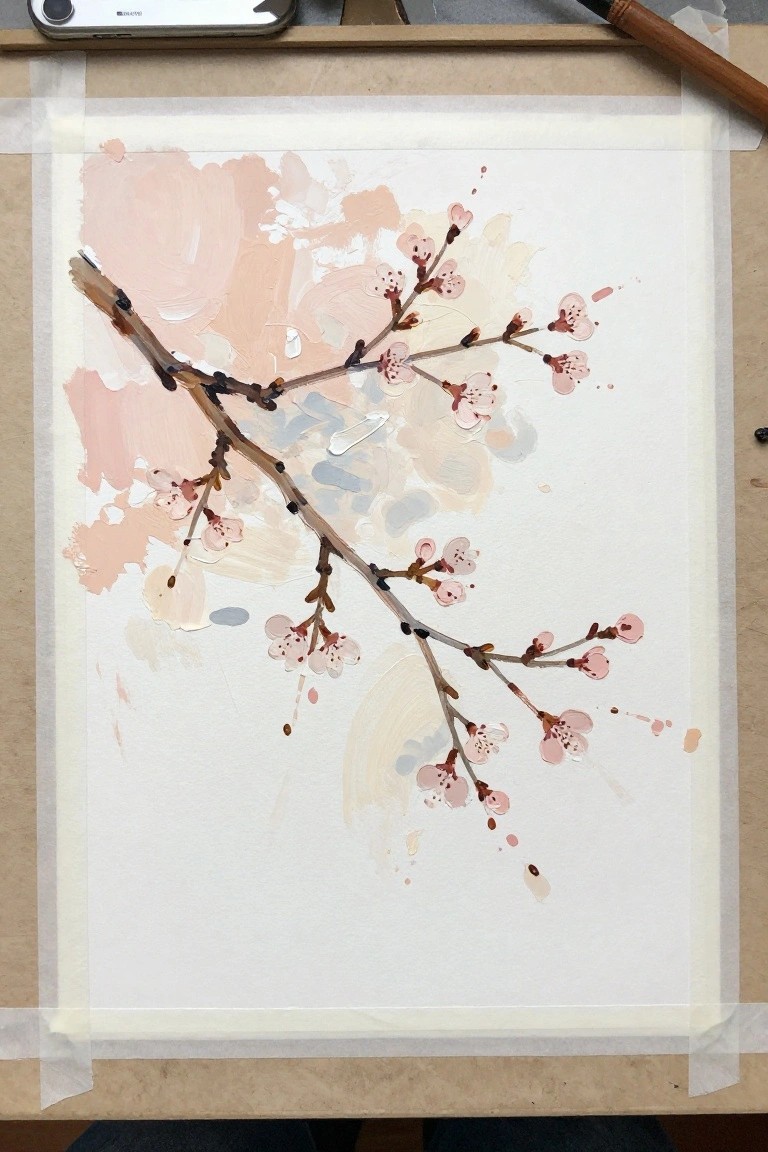 Watercolor cherry blossom branch with pink flowers on taped paper amid soft washes