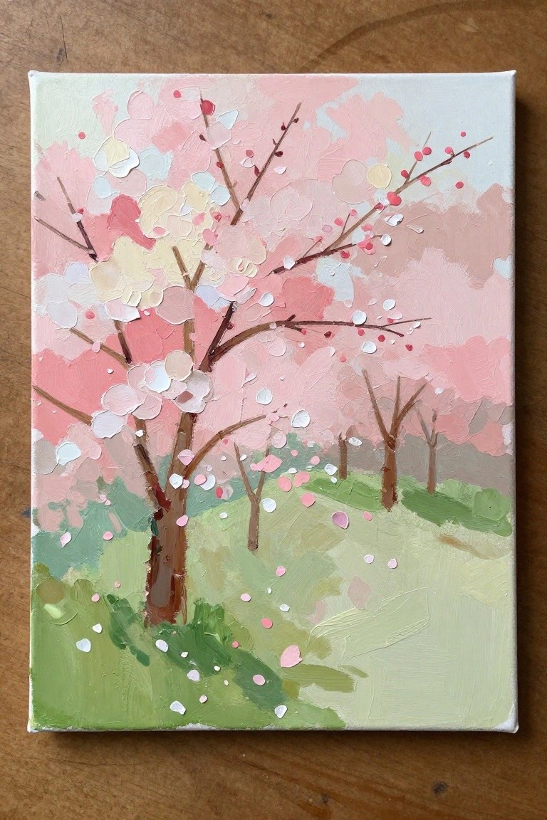 Impasto painting of pink-blossomed tree in green meadow with distant trees.