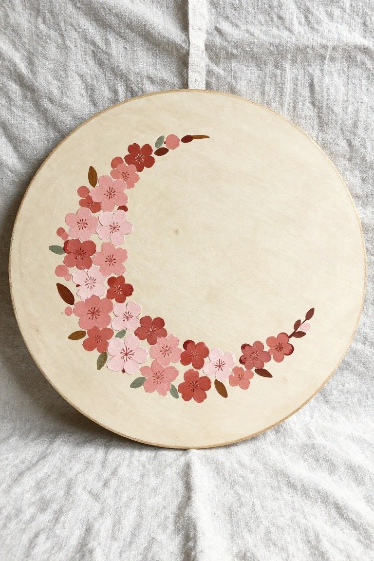 Round wooden plaque with pink-red cherry blossom crescent on white fabric.