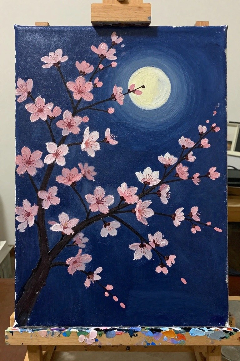 Canvas on easel shows pink cherry blossoms and full moon in blue night sky.