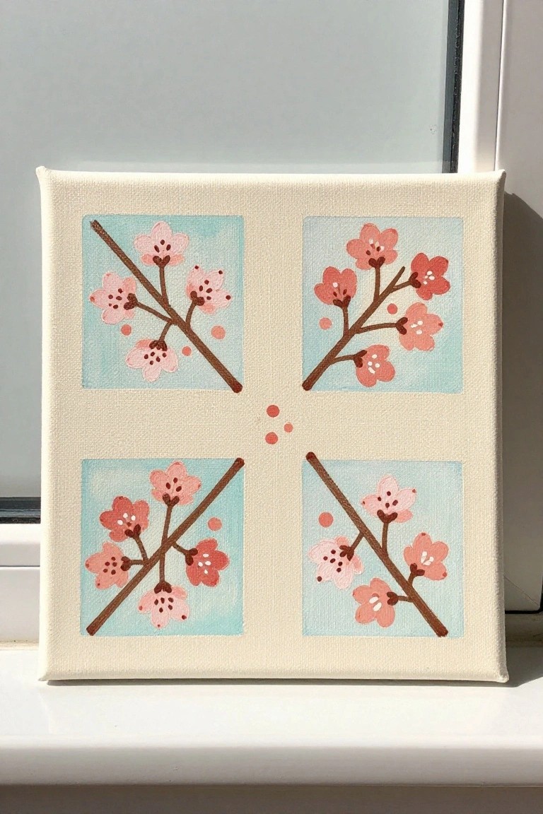 Four-quadrant canvas painting of pink cherry blossoms on light blue squares