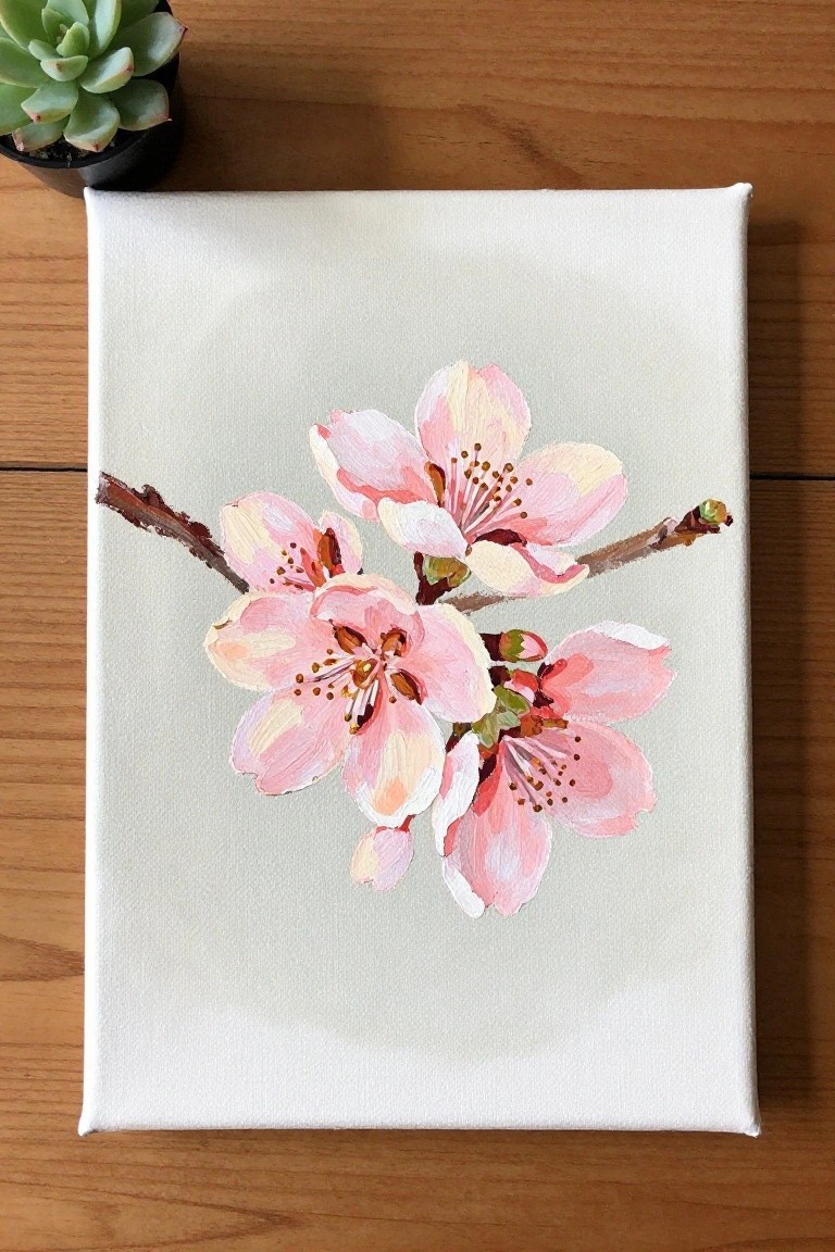 Acrylic painting of several pink cherry blossom flowers on a brown branch set against a pale background on a canvas.
