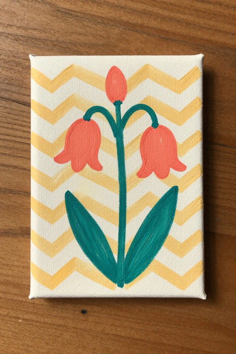 Acrylic painting of coral bell flowers on green stem with yellow chevron background