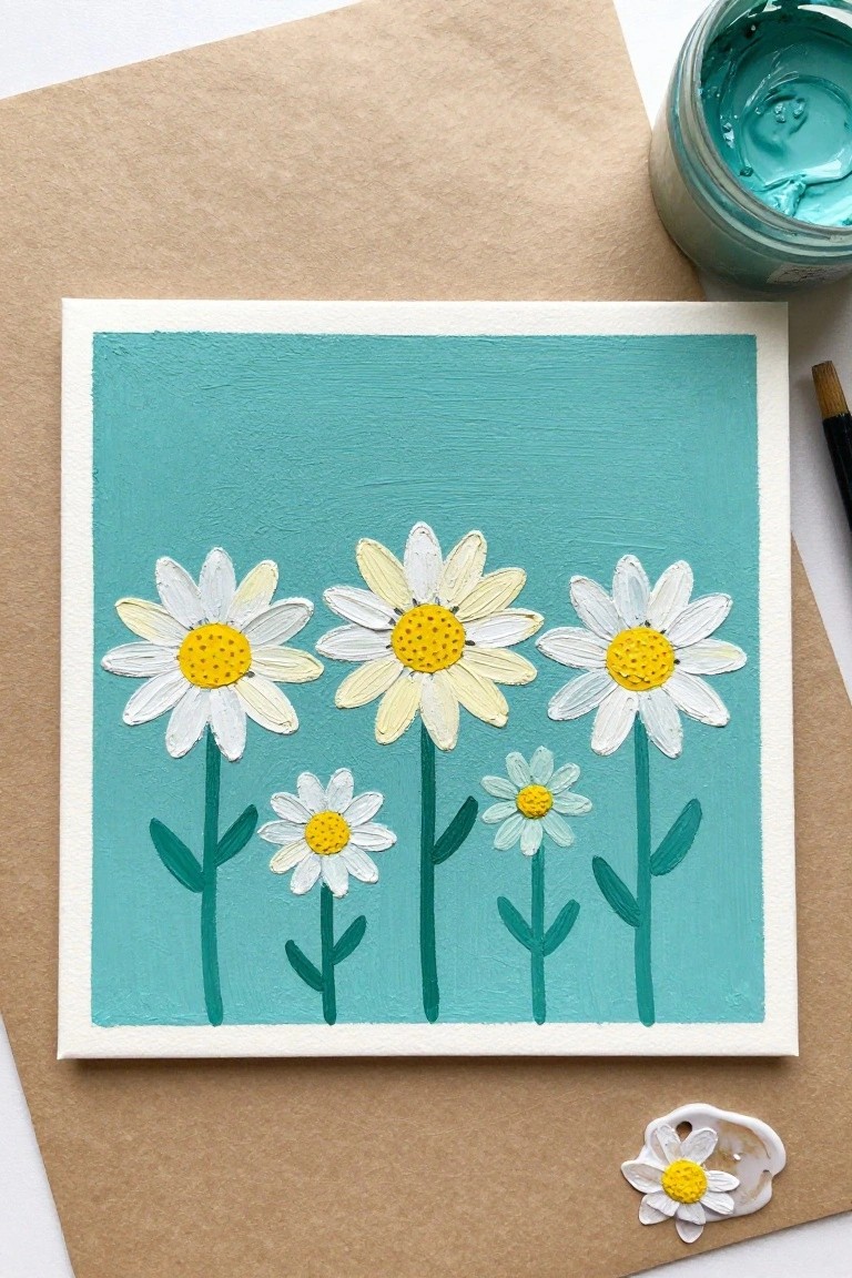 White daisies with yellow centers on turquoise canvas beside paint jar and brush.
