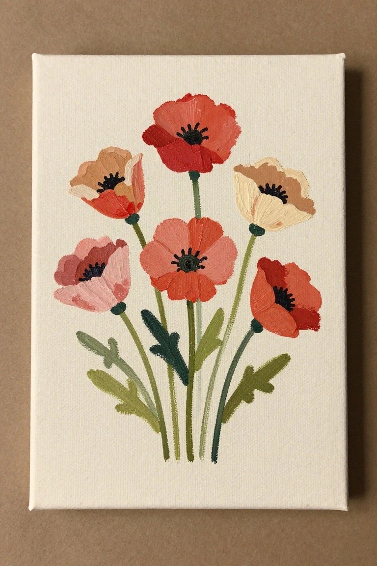 Colorful poppies in red, pink, and cream with green stems and leaves on canvas.