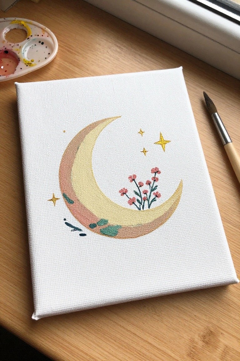 Pastel crescent moon with flowers and stars on white canvas beside palette and brush.