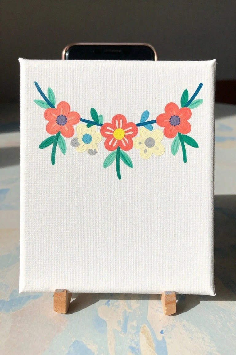Small canvas with orange-yellow floral garland and green leaves on wooden stand
