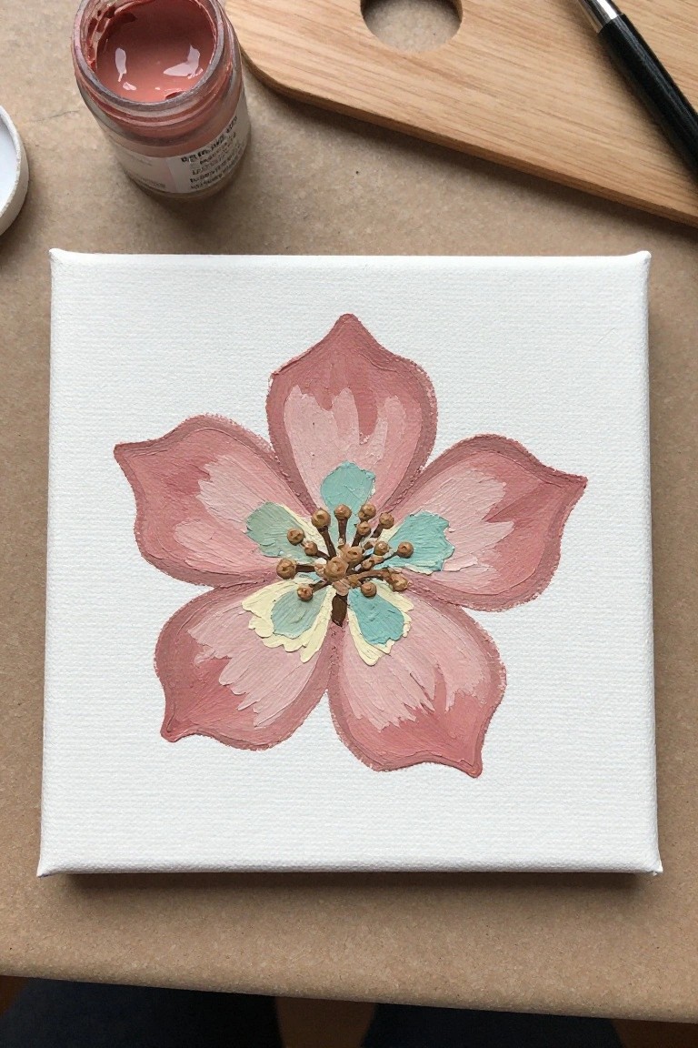 A small white canvas displays a centered pink five-petaled flower with teal and brown center details, next to a jar of pink acrylic paint.