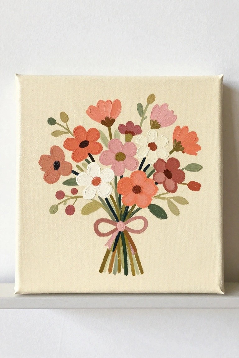 Colorful floral bouquet painting in orange pink white with pink bow on canvas