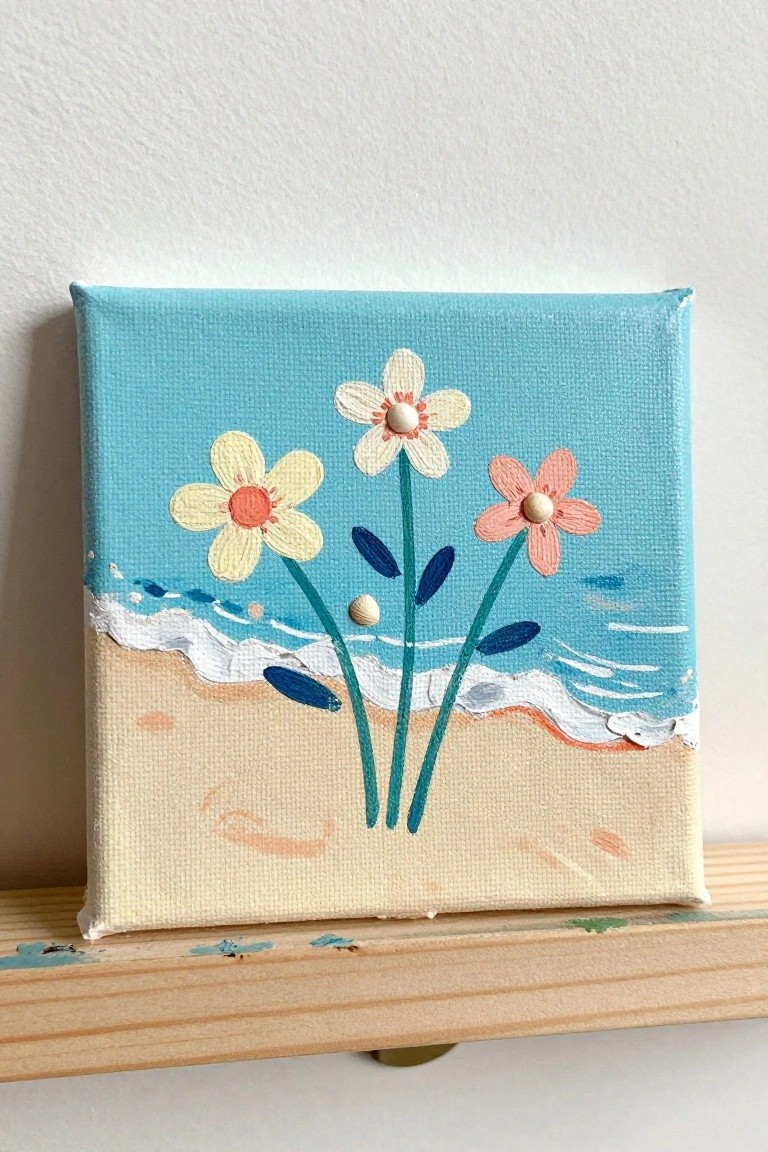 A small square canvas with three flowers on stems above a sandy beach and blue waves.