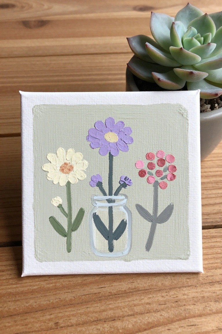 A small square canvas shows three acrylic flowers with one white daisy on the left, a purple flower in a light blue mason jar in the center, and a pink cluster on the right, all on a light green background.