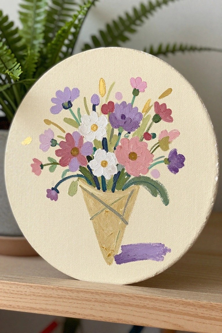 Colorful wildflower bouquet in yellow cone vase painted on round canvas
