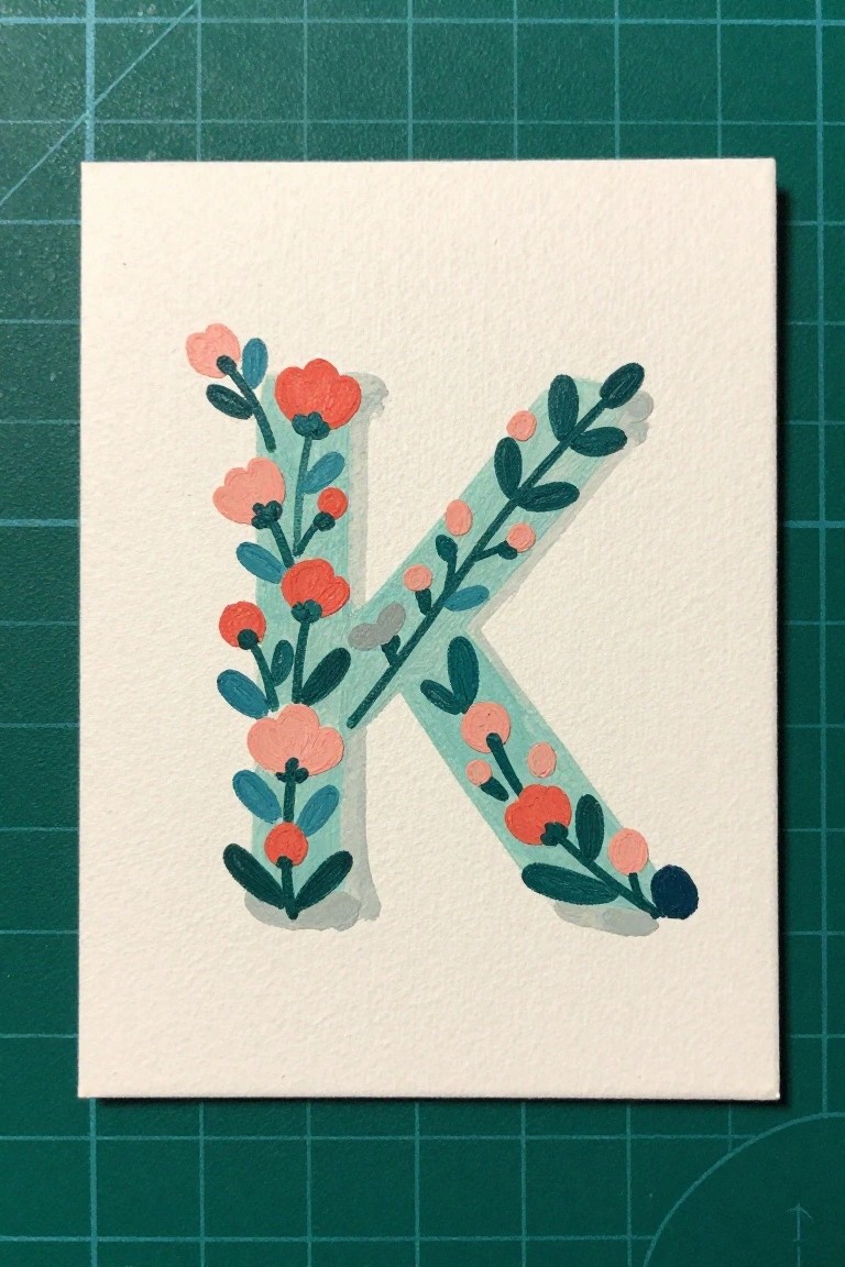 Hand-painted floral letter K with pink flowers and teal leaves on white paper