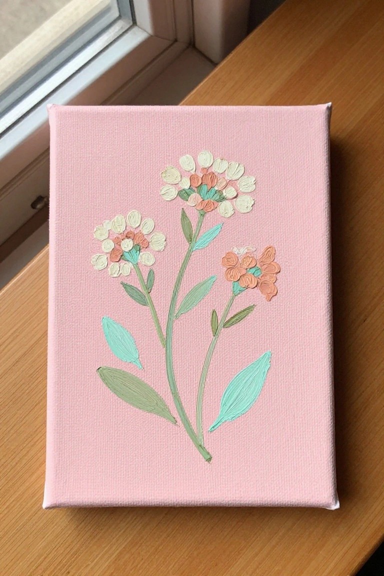 Pink canvas with textured white, peach, and teal flowers on wooden surface