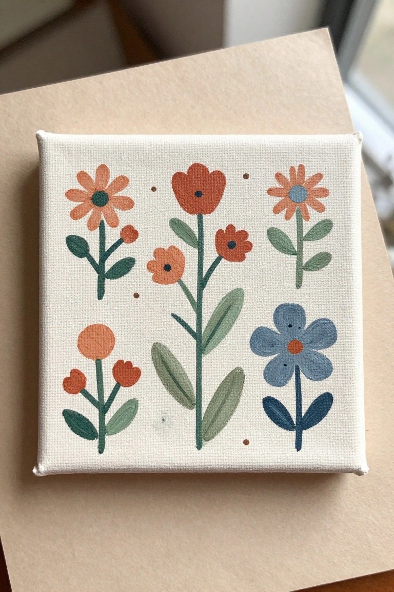 A small square canvas with several stylized flowers in orange, red, and blue plus green leaves on a white background.