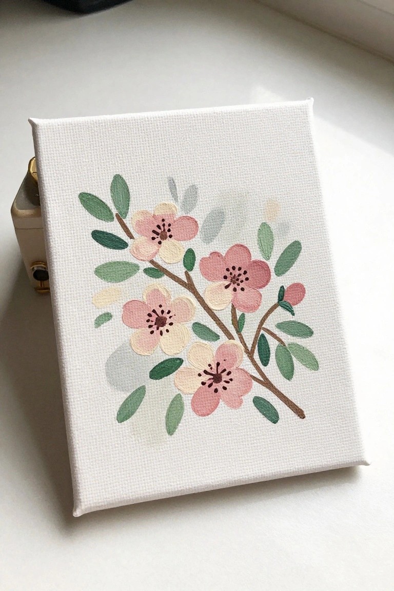 A small white canvas displays a painted branch with pink and cream flowers and green leaves.