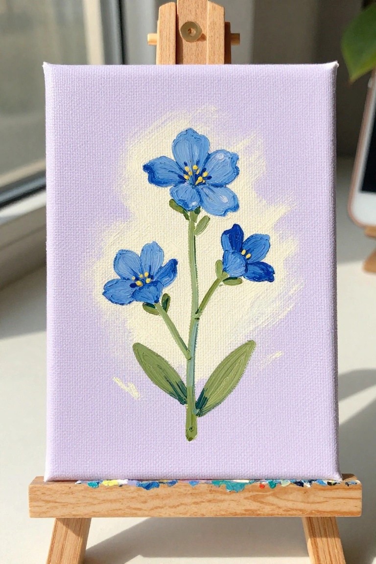 Three blue flowers with yellow centers on lavender canvas atop wooden easel.