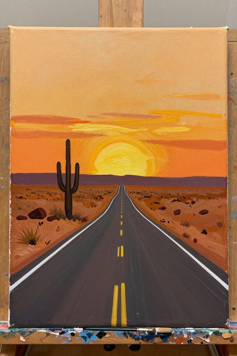 Desert road painting on easel with saguaro cactus, yellow lines, and vibrant orange sunset sky.