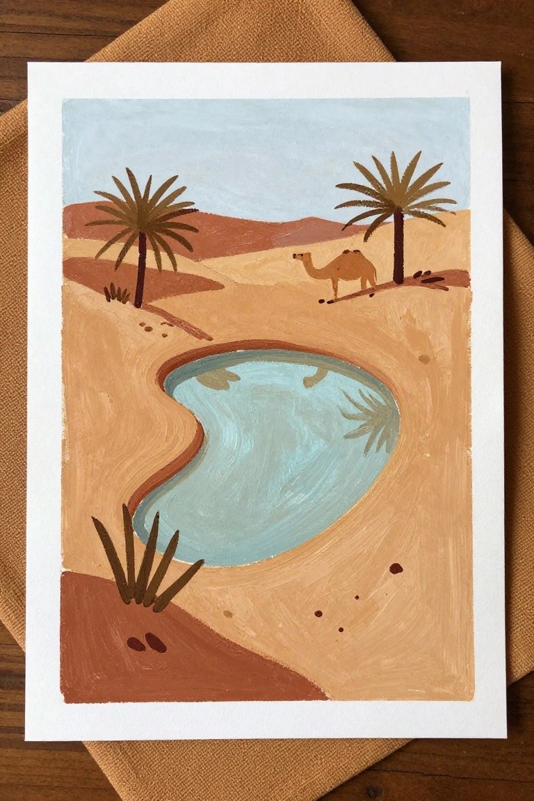 Stylized painting of desert oasis with camel, palm trees, turquoise pool, and dunes.