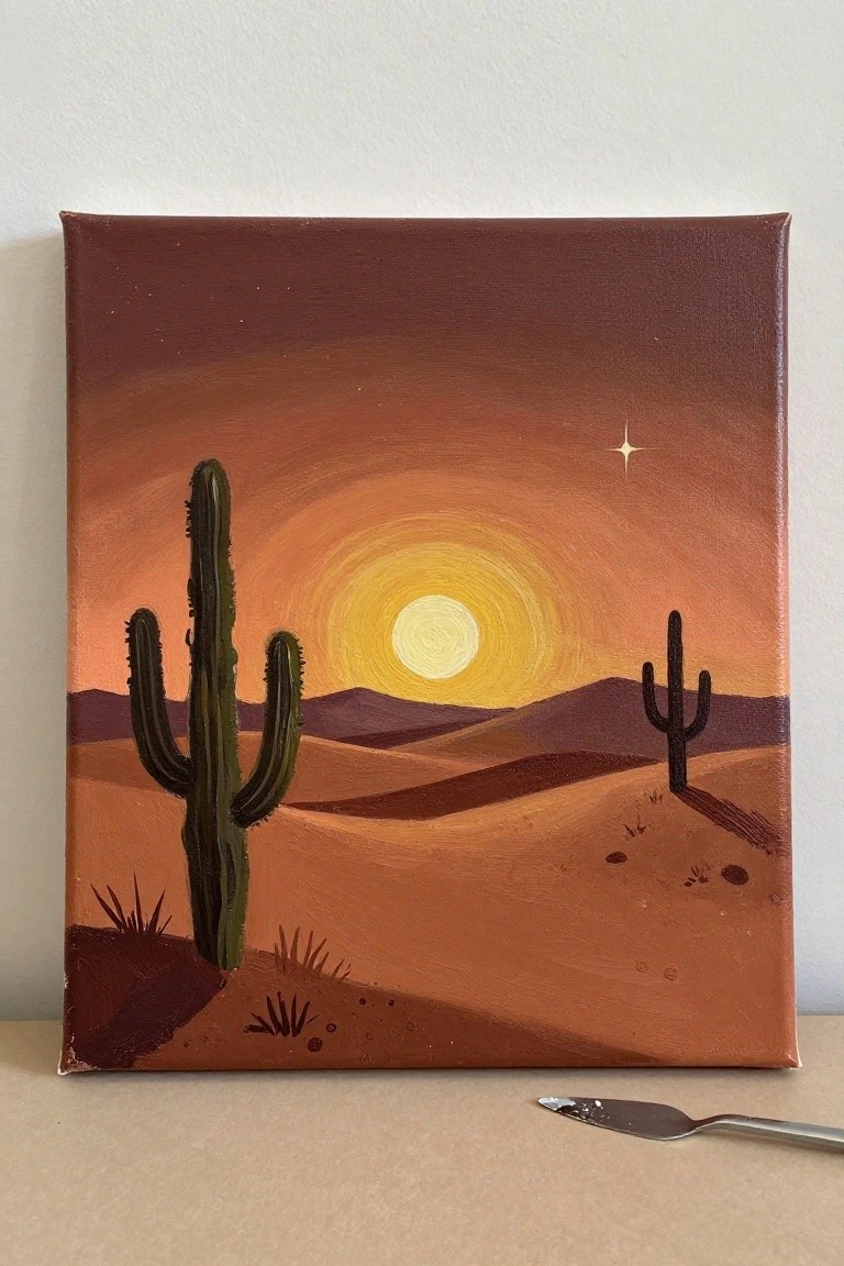 Desert sunset painting on canvas with two cacti, orange dunes, yellow sun, and star.