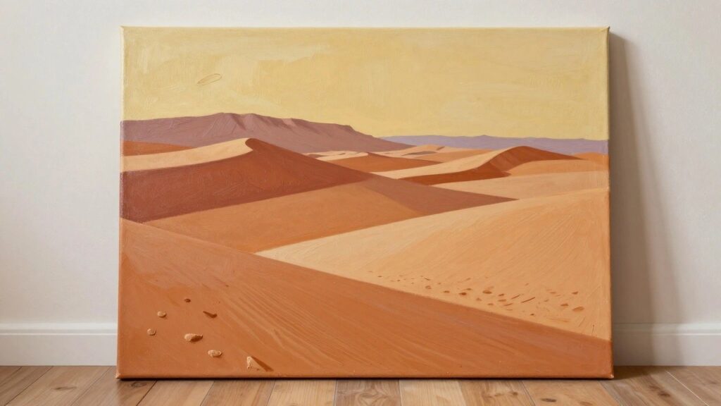 Abstract painting of layered desert dunes in warm orange and brown tones on canvas.