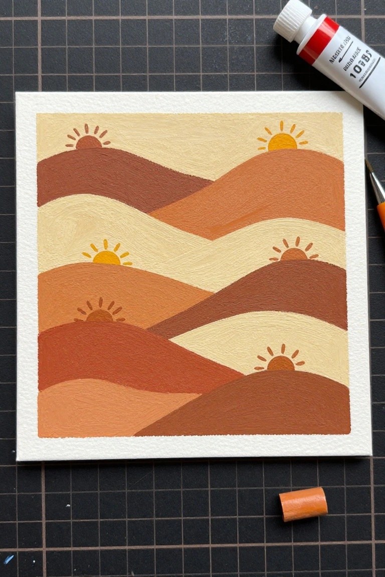 Abstract painting of layered hills and suns in warm tones beside paint tube and brush