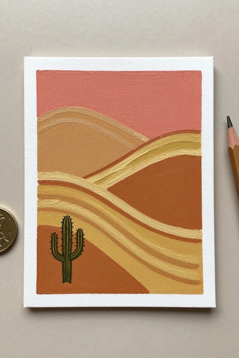 Abstract desert landscape painting with wavy hills in warm tones and green cactus