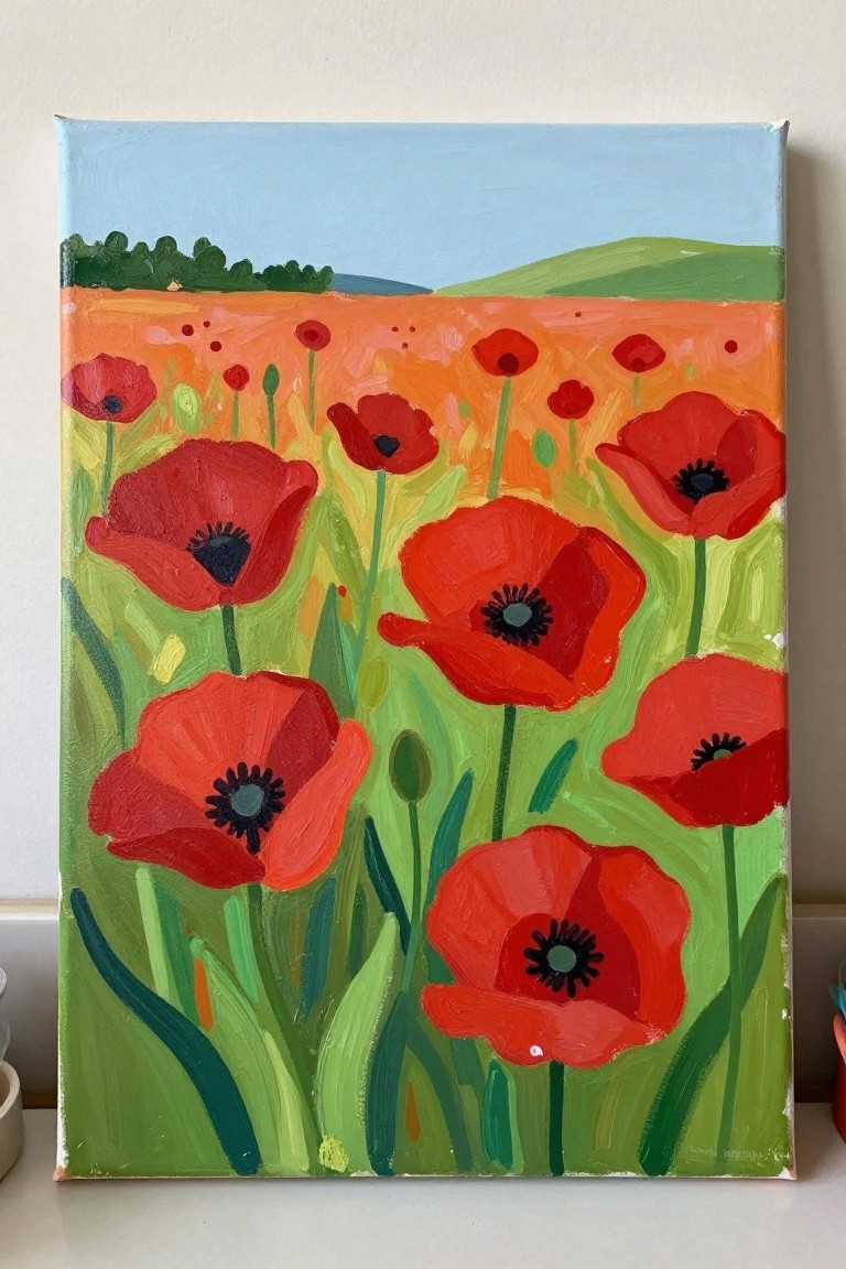 Vibrant painting of red poppies blooming in a green field with orange hills and blue sky.