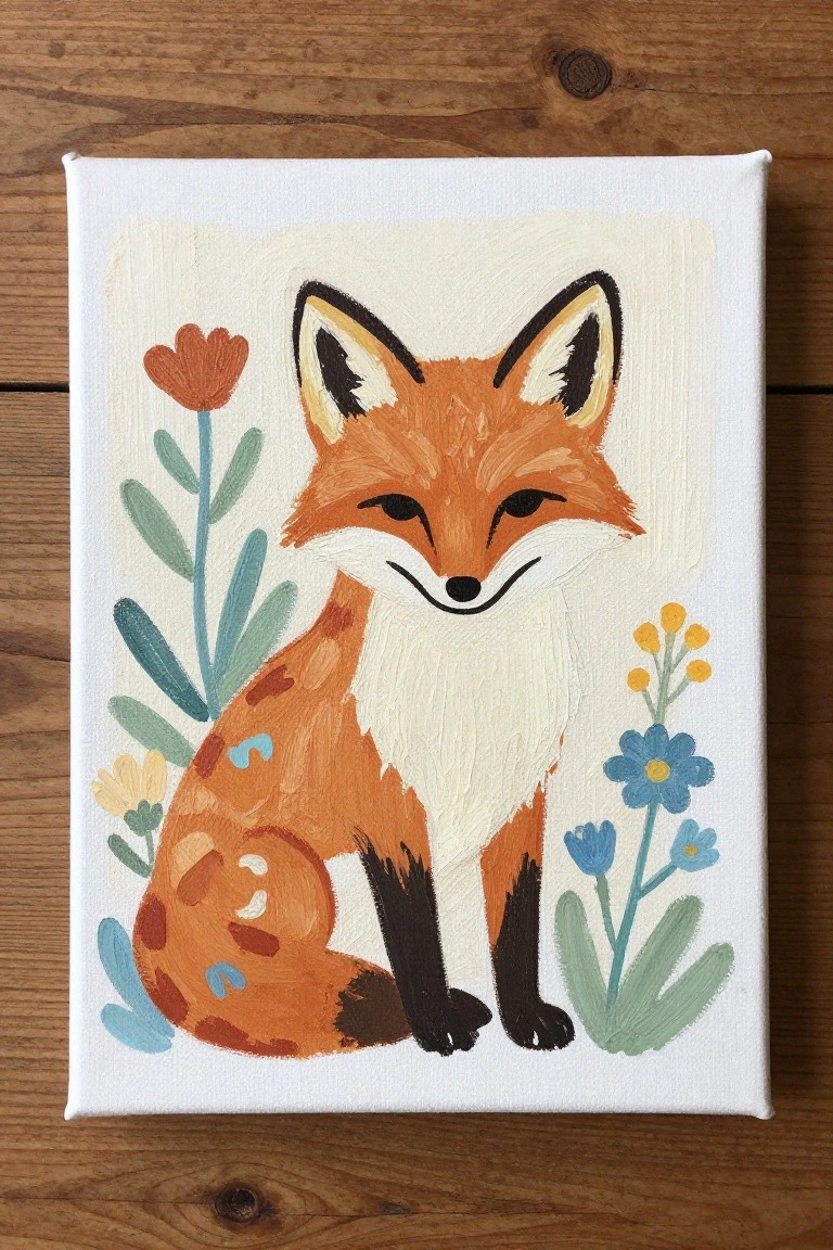 Stylized orange fox with white chest amid colorful flowers on canvas