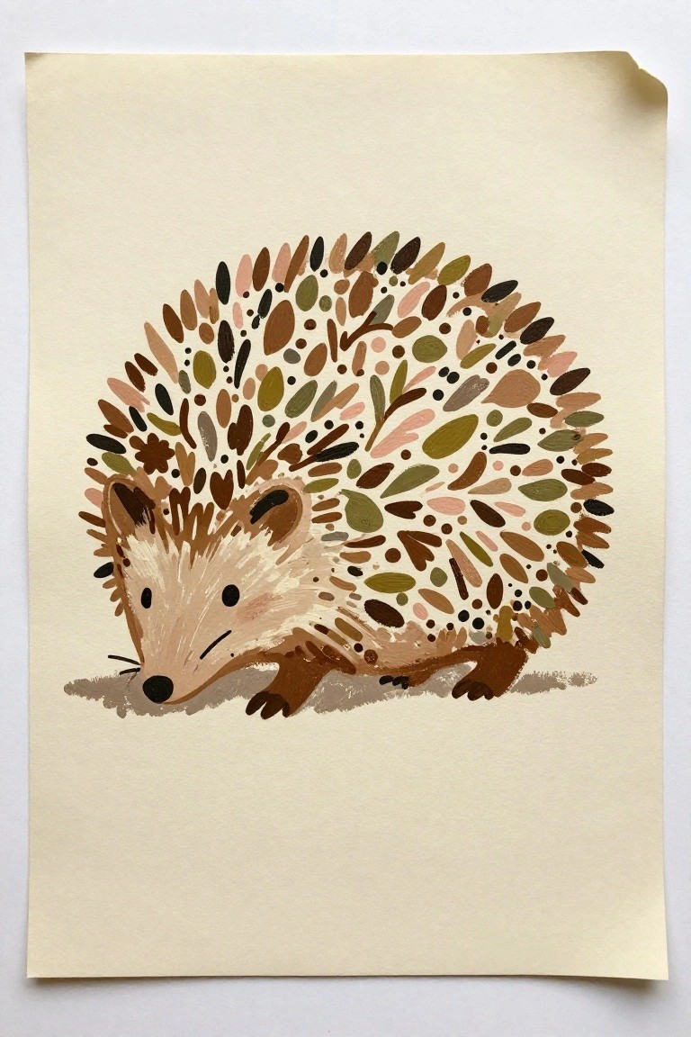 Illustrated hedgehog with decorative multicolored spines on a sheet of cream paper