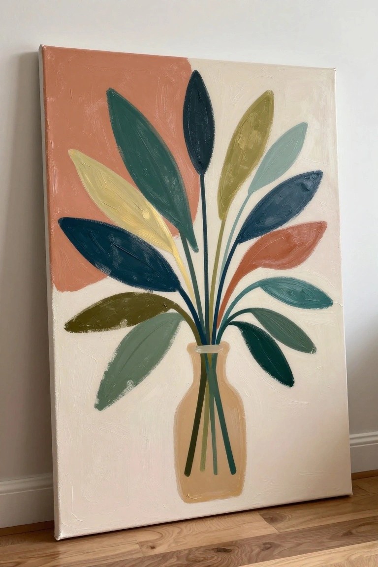 Abstract canvas with colorful leaves in beige vase on wooden floor against wall