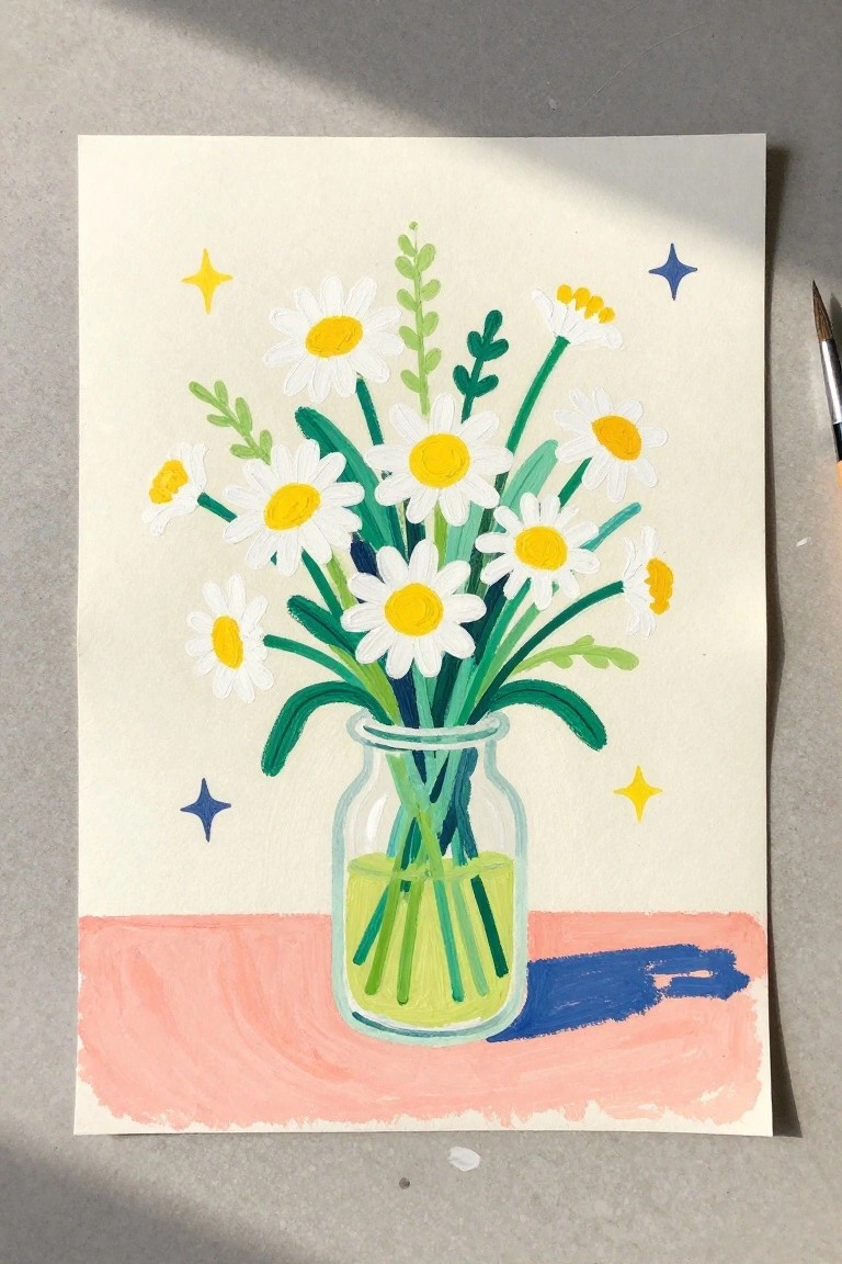 Vibrant painting of white daisies in glass jar on pink table with stars