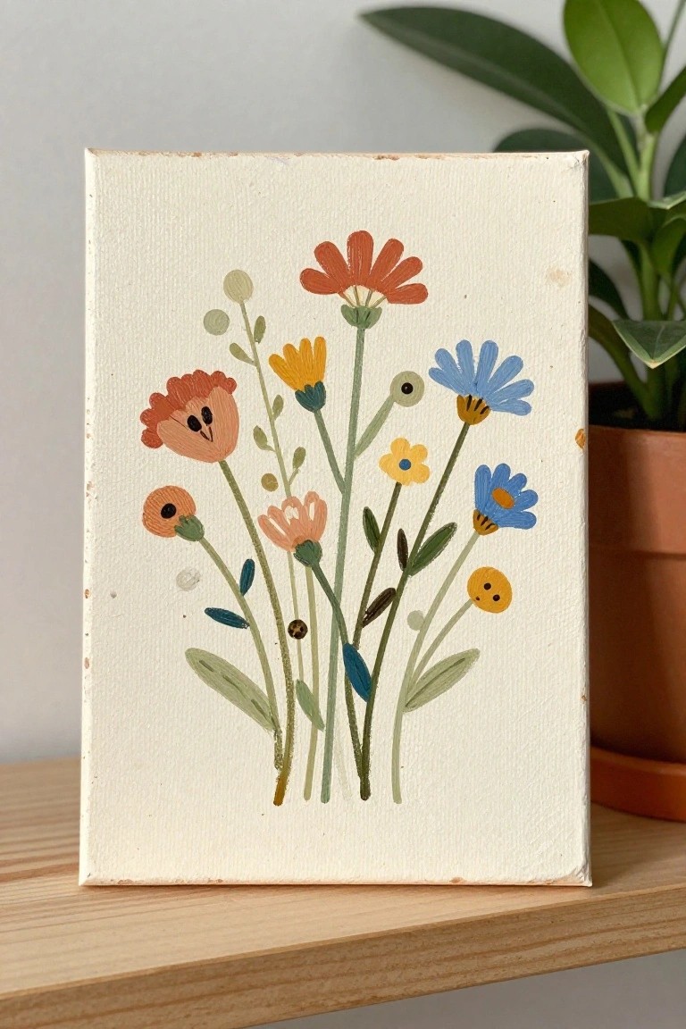 A canvas displays a loose bouquet of stylized flowers in orange, blue, yellow, and peach against a white background.