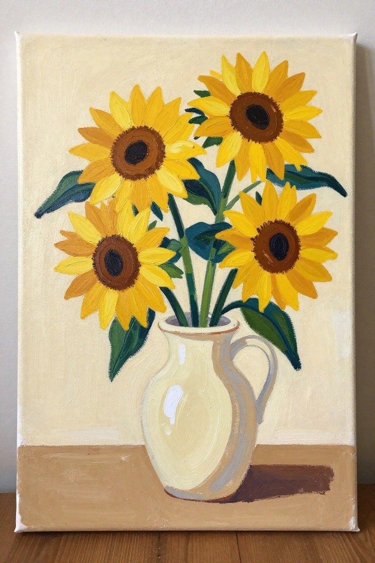 Four yellow sunflowers in a white ceramic vase on a brown table