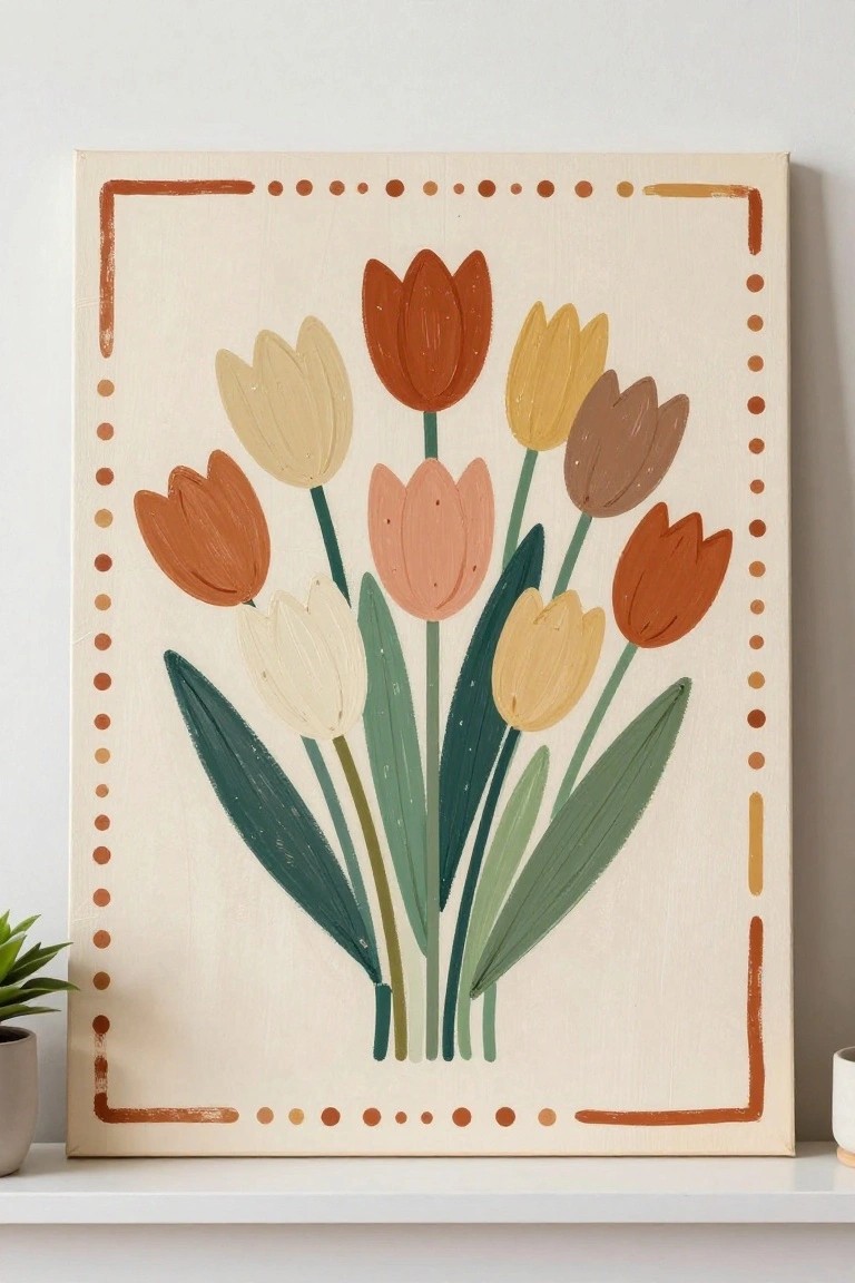 Colorful tulip painting in terracotta, yellow, and green with dotted border on canvas