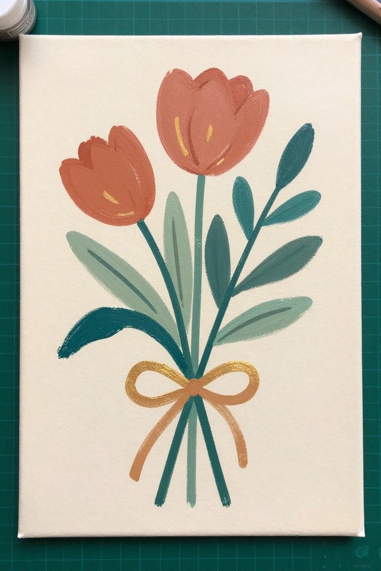 Two orange tulips with green leaves tied by a gold bow on white canvas