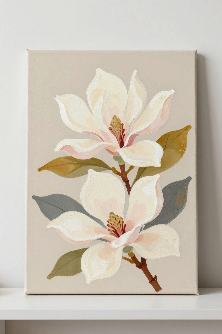 Two white magnolia flowers with pink centers and green leaves on canvas.