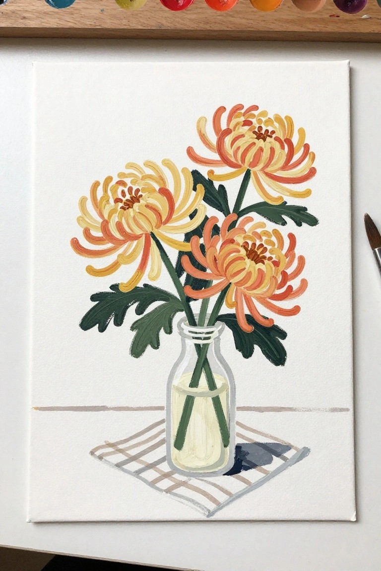 Three orange-yellow chrysanthemums in glass vase on striped cloth painting.