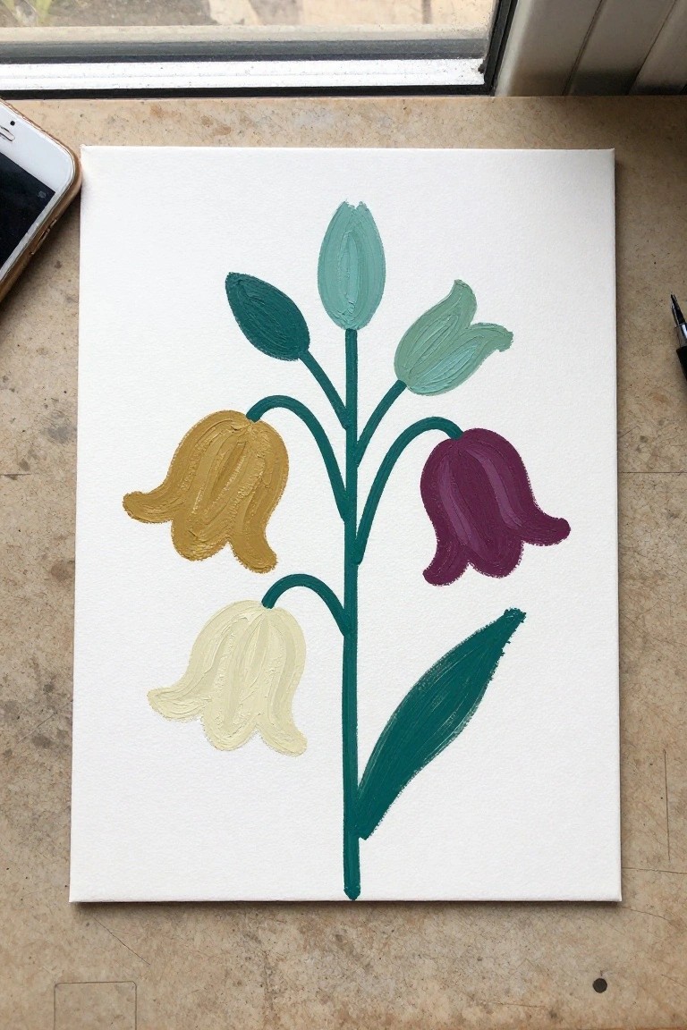 Stylized painting of bell flowers in yellow, purple, white, and green on canvas