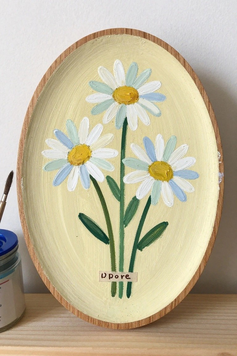 Oval wooden tray with three white-and-blue daisies on pale yellow background