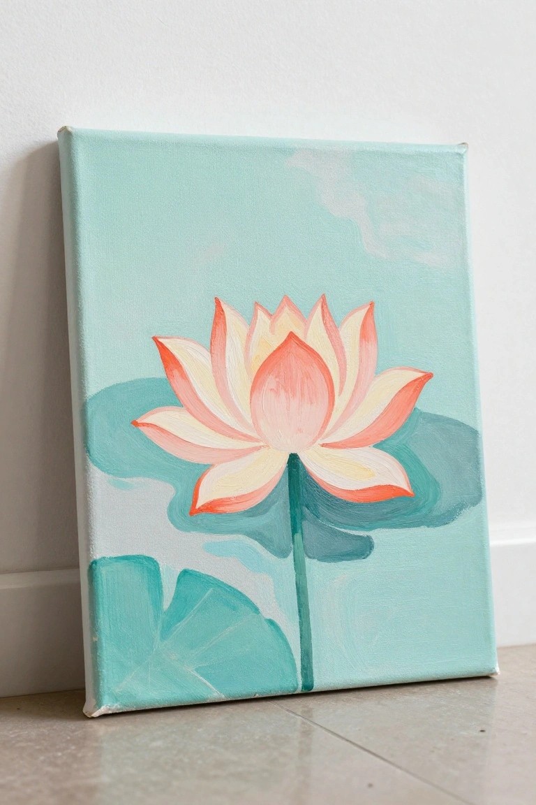Acrylic painting of pink lotus flower with green lily pads on blue canvas