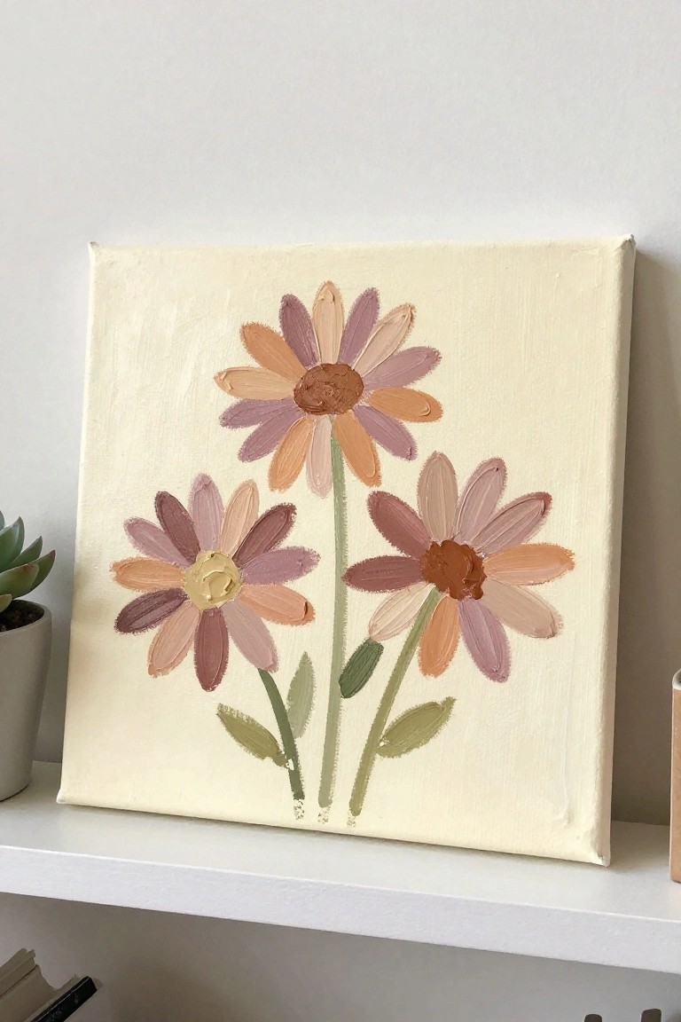 Three stylized flowers in muted purple and orange on a cream canvas shelf.
